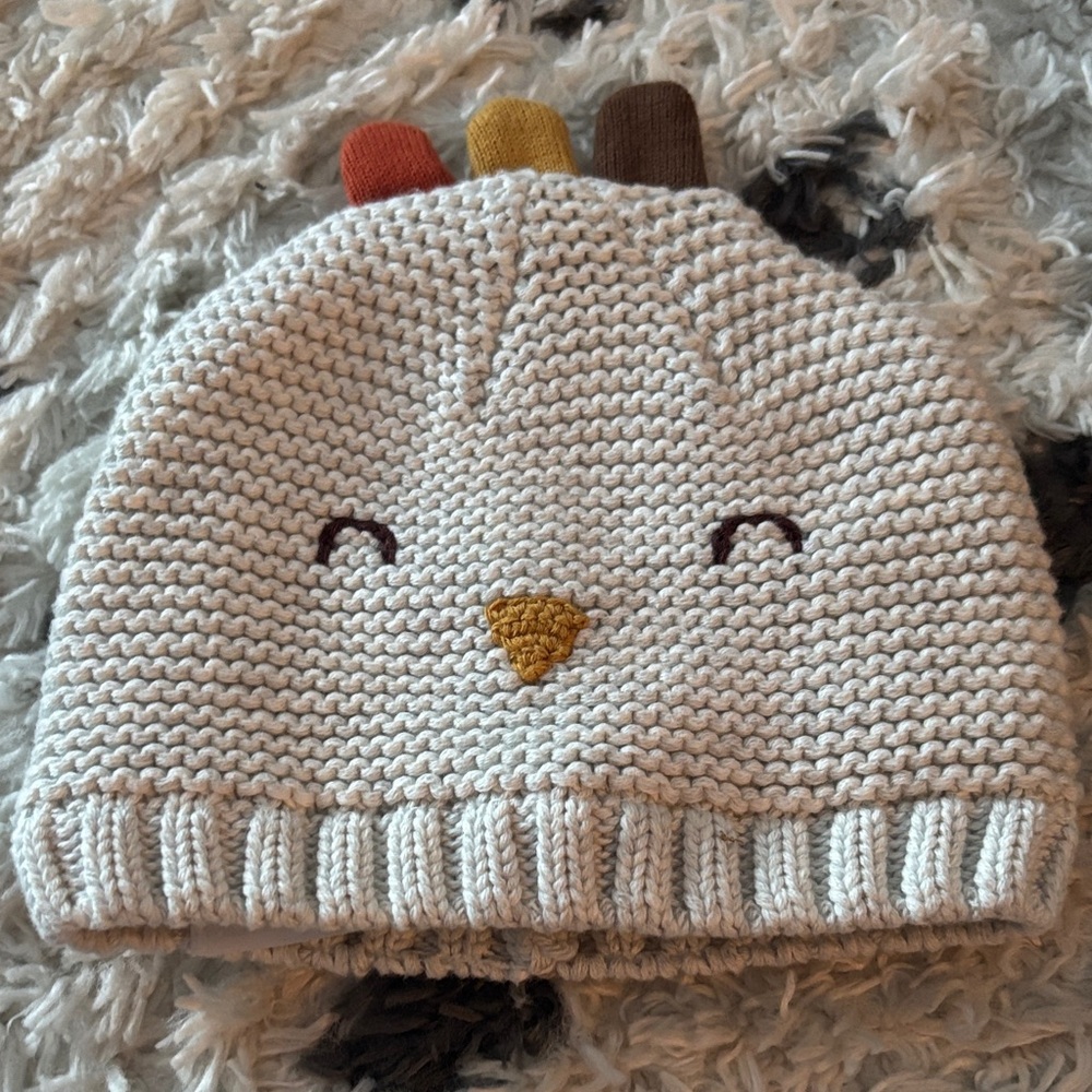 Carter's Cream Knit Turkey Thanksgiving Beanie with Colorful Accents